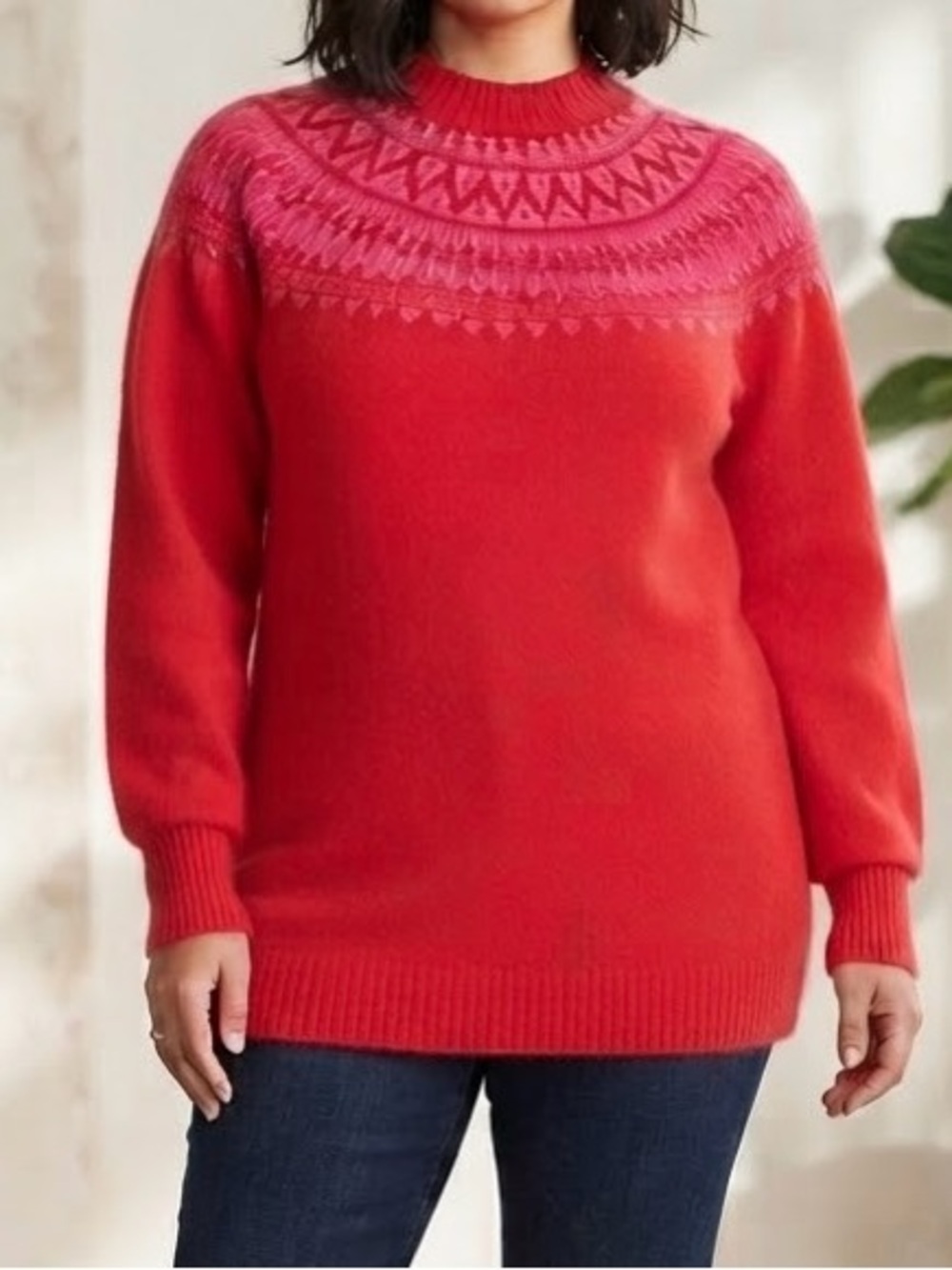 Crown & Ivy Pink & Red Fair Isle Mock Neck Sweater